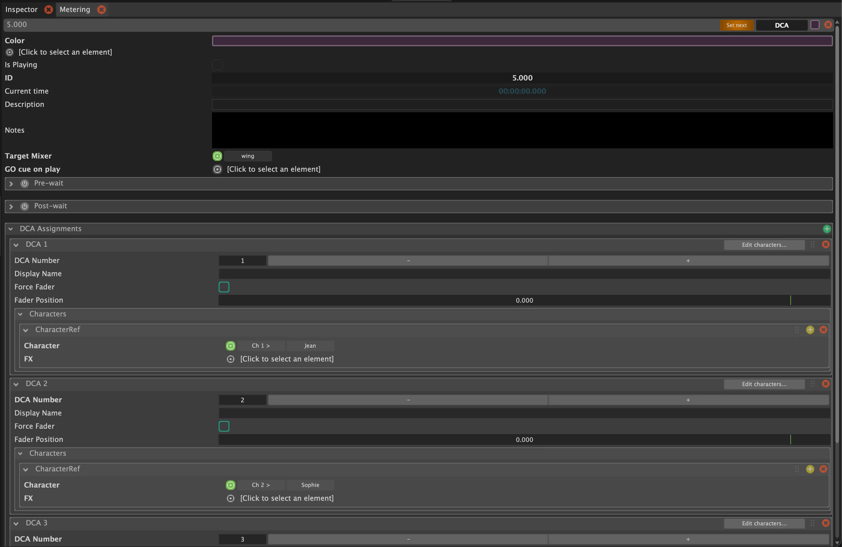 Configuration via l'inspector d'une DCA Cue