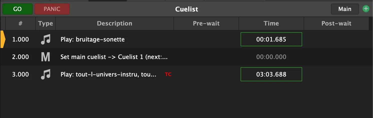 Aperçu d'une playback cuelist